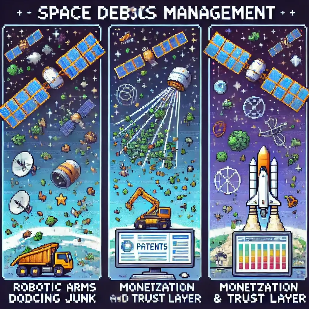 Space Debris Management Patents: 27 Bold Truths Nobody Told You at 2 A.M. 2 Pixel art of orbital debris with satellites dodging junk, illustrating space debris management patents and orbital cleanup challenges.