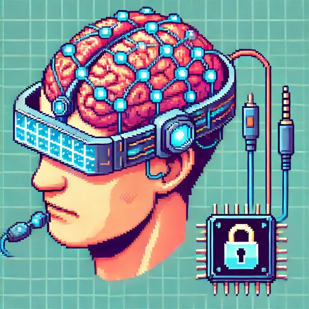 Pixel art illustration: A balance scale with 'Patents' on one side (pixelated scroll icon) and 'Privacy' on the other (glowing brain with a shield icon). Background shows a digital city skyline in cyberpunk colors, symbolizing brain-reading tech patents and neurodata privacy tension. Retro 16-bit style, colorful and sharp.