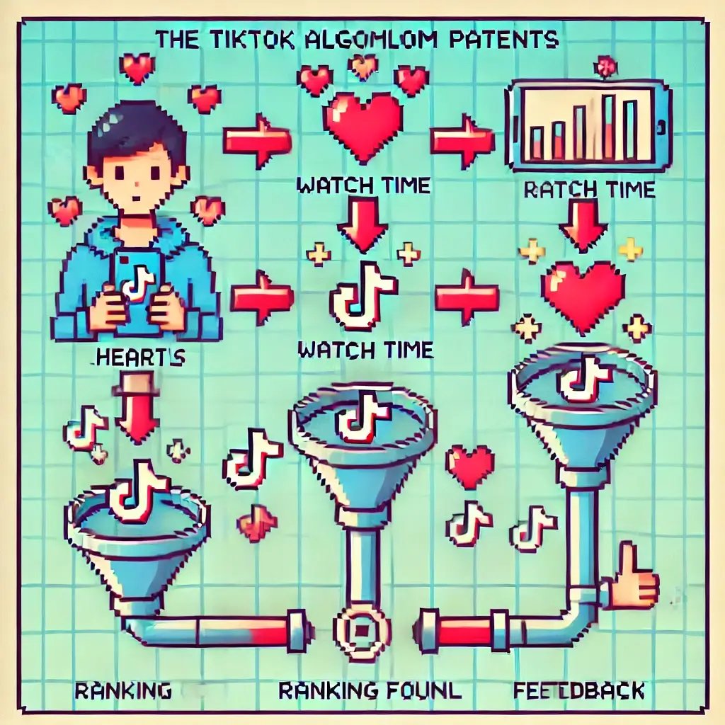 Pixel art infographic of TikTok algorithm patents loop with user, signals, embeddings, ranking, and feedback icons in retro 8-bit style.