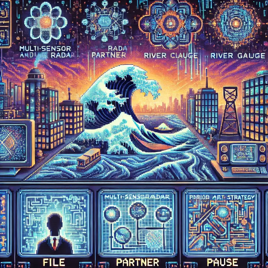 11 No-BS AI flood prediction patents Moves That Fast-Track Filings 2 Pixel art of a futuristic flooded city with holographic AI flood prediction patents and machine learning claims hovering above.