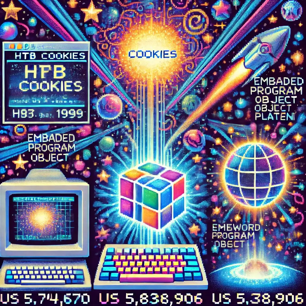 Pixel art of early web patents showing a glowing retro computer terminal with floating HTTP cookies, symbolizing the 1995 cookie patent (US 5,774,670).