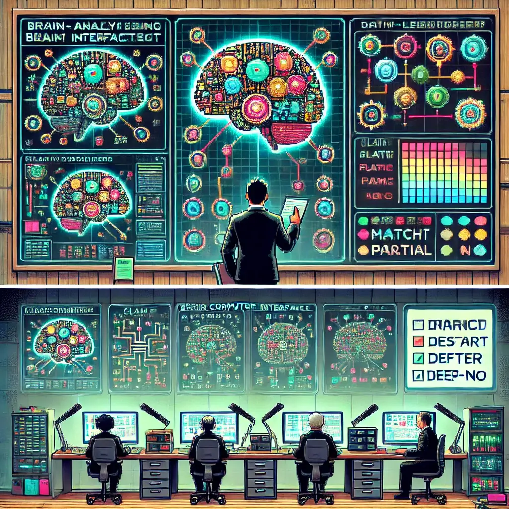 11 Skim-First BCI patents Moves That Save You Hours (and Budget) 2 BCI patents. Pixel-art office with dual monitors displaying a BCI patent document and a claims spreadsheet marked 'Match/Partial/No'; surrounded by EEG caps, sticky notes, and a futuristic neurotech workspace.