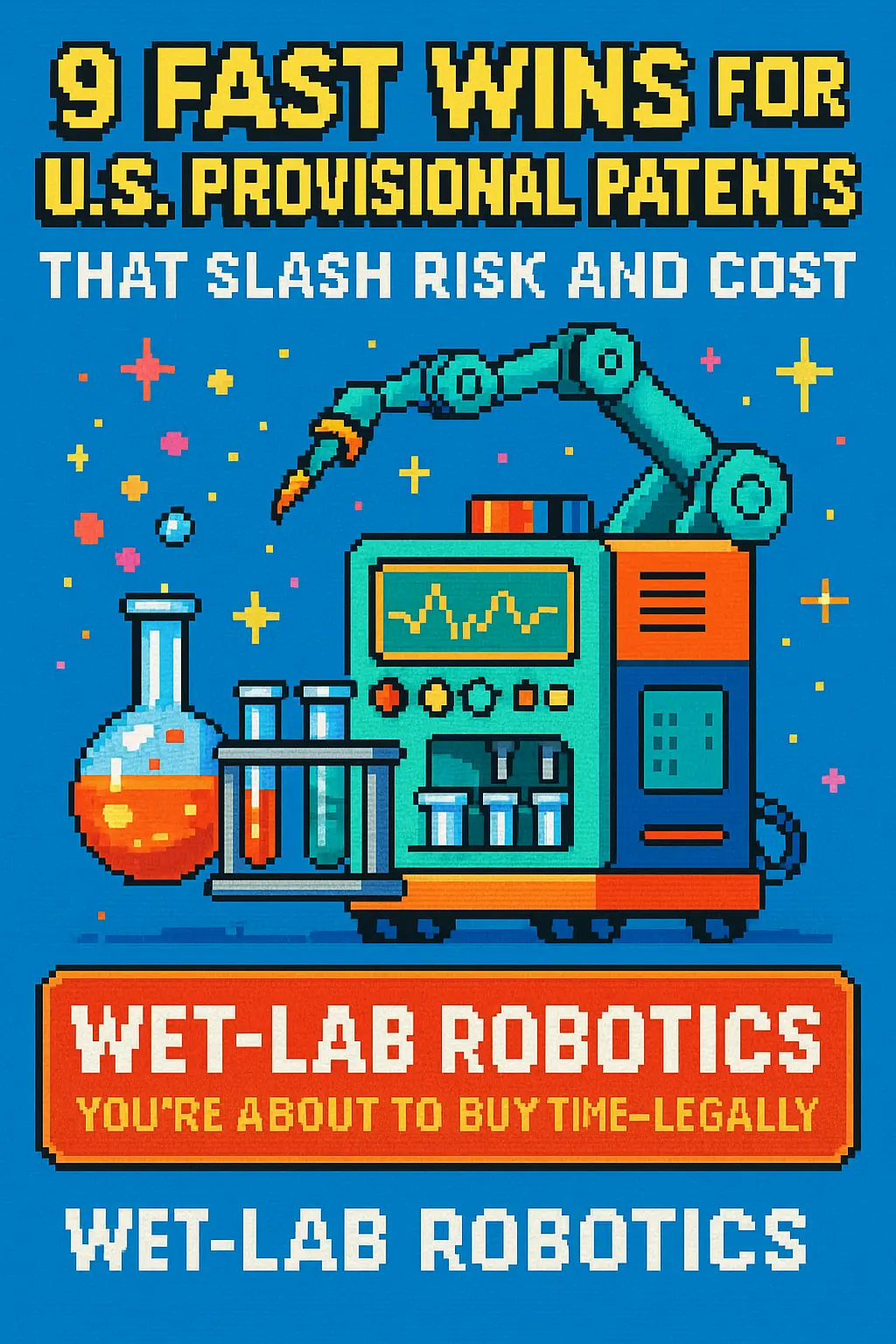 9 Fast Wins for U.S. Provisional Patents (Wet-Lab Robotics) That Slash Risk and Cost 2 U.S. Provisional Patents. Pixel art illustration in bright retro 8-bit style showing wet-lab robotics and U.S. provisional patents. A robotic arm works with test tubes and a flask next to a digital console with graphs. The header text reads “9 Fast Wins for U.S. Provisional Patents That Slash Risk and Cost.” Bottom text highlights “Wet-Lab Robotics” and “You’re About to Buy Time—Legally.” Keywords: U.S. provisional patents, wet-lab robotics, patent costs 2025, PCT timeline, startup IP.