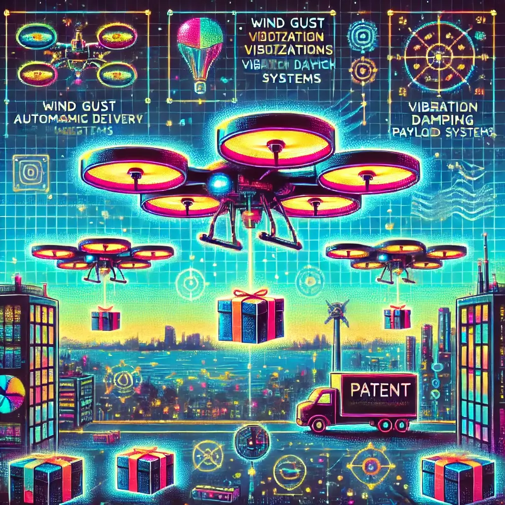 9 Tiny autonomous drone delivery patents Wins That Save You Hours (and Budget) 2 Pixel art of autonomous drone delivery patents in a cyberpunk city, showing winch-tether mechanisms, vibration damping, AI autonomy loops, and BVLOS safety icons glowing as holograms.